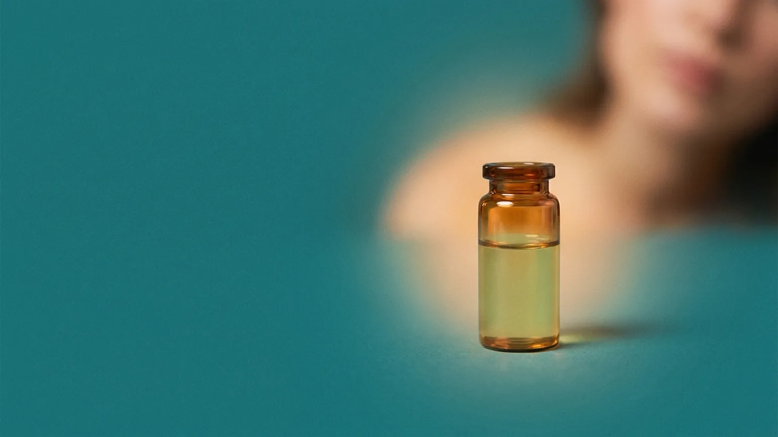 Frasco representando ácido fólico sobre fundo teal homogeneo, terapia injetavel de nutrientes