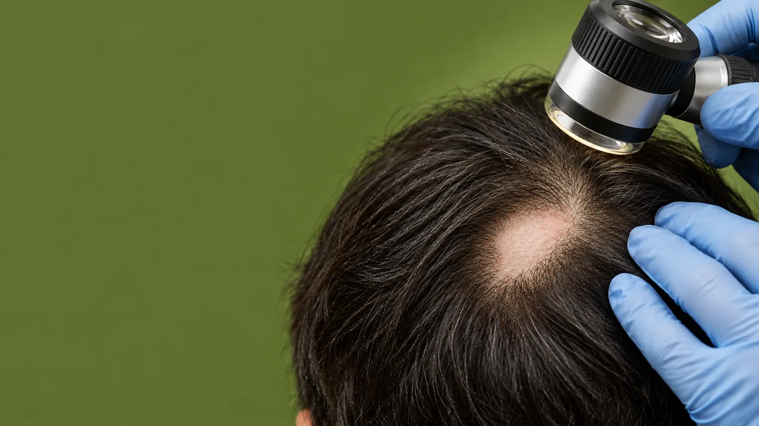 Fotografia ilustrativa de uma falha no couro cabeludo examinada para investigar alopecia cicatricial.