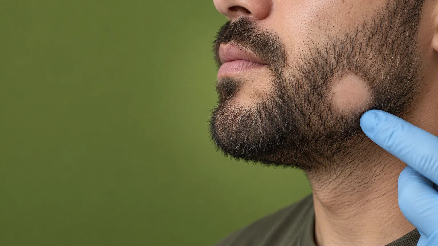 Ilustração de alopecia na barba, com placa lisa localizada e exame por uma mão enluvada.