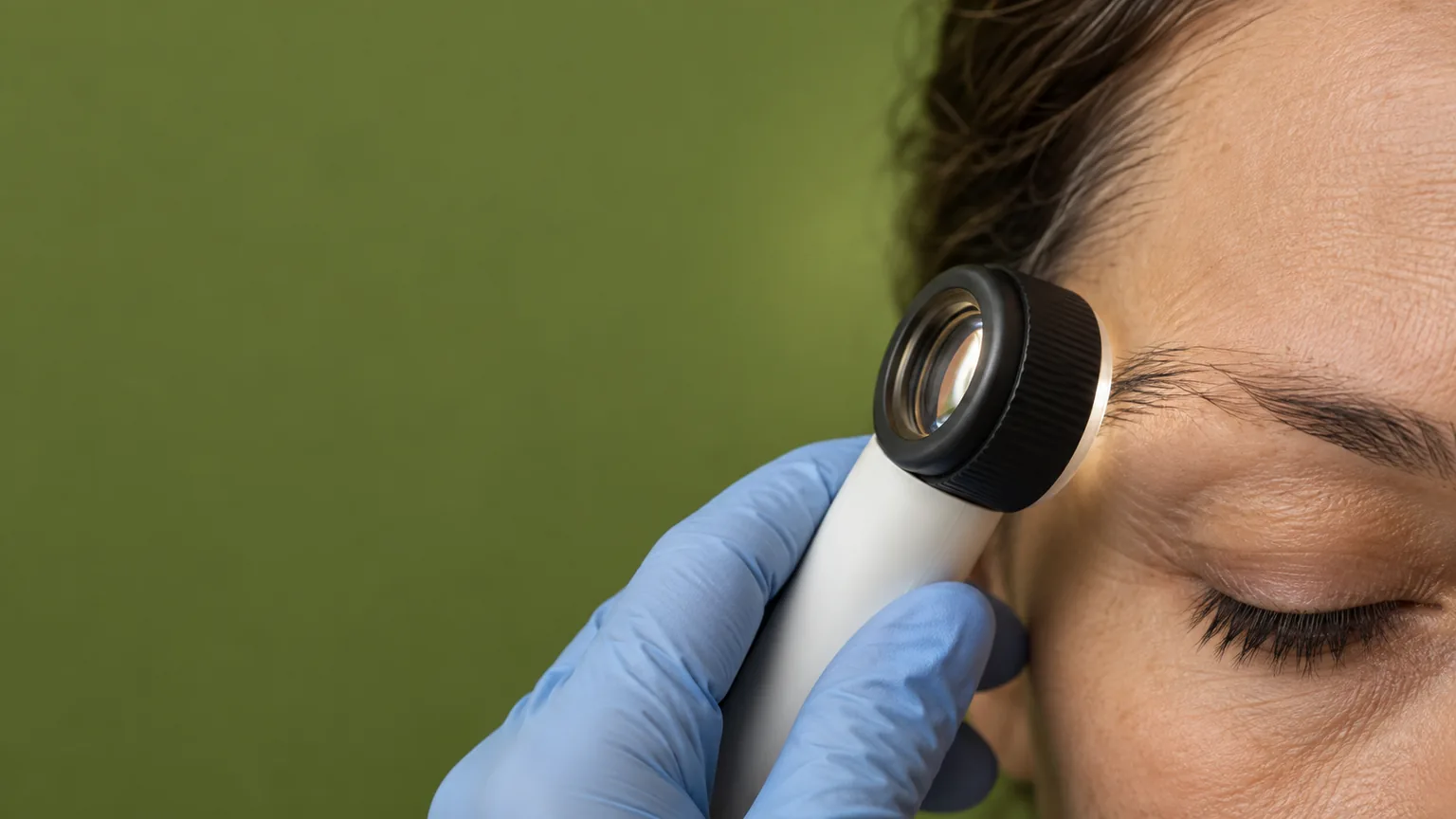 Dermatoscópio examina uma sobrancelha rala, com mão enluvada e fundo oliva.