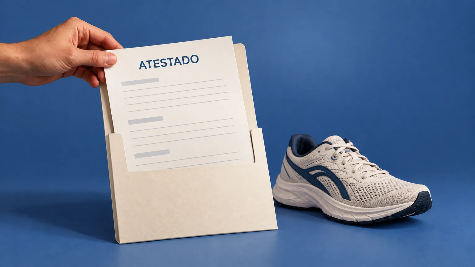 Mão segura um atestado médico ao lado de um tênis de corrida, sobre fundo azul ardósia.