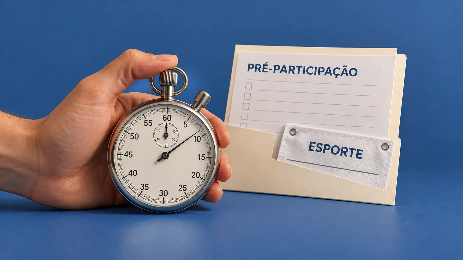 Mão segura cronômetro ao lado de pasta de pré-participação esportiva e identificação de esporte.