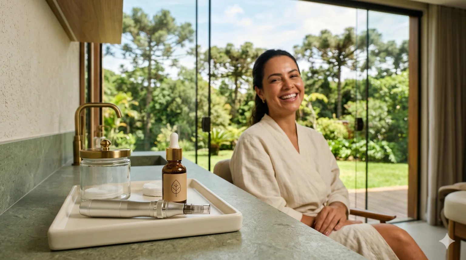 Mulher sorrindo em clínica de estética premium, com caneta de microagulhamento e sérum em primeiro plano e jardim ao fundo