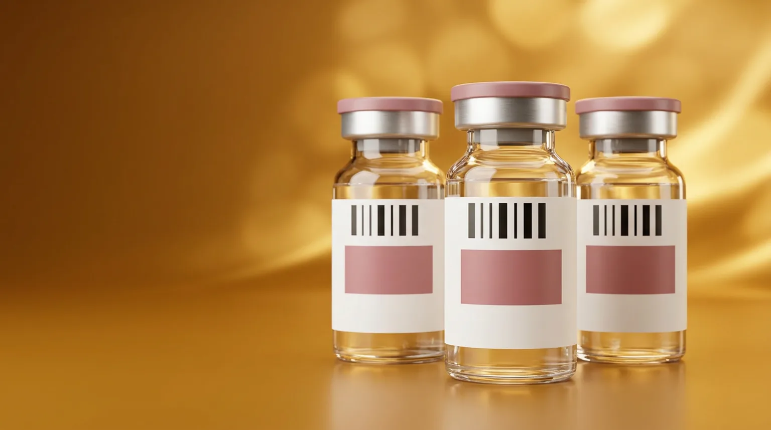 Frascos de bioestimulador de colágeno fechados sobre superfície dourada