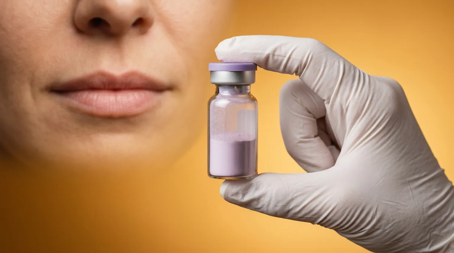 Frasco de toxina botulínica erguido por mão com luva, com lábios naturais ao fundo, ilustrando o botox na boca
