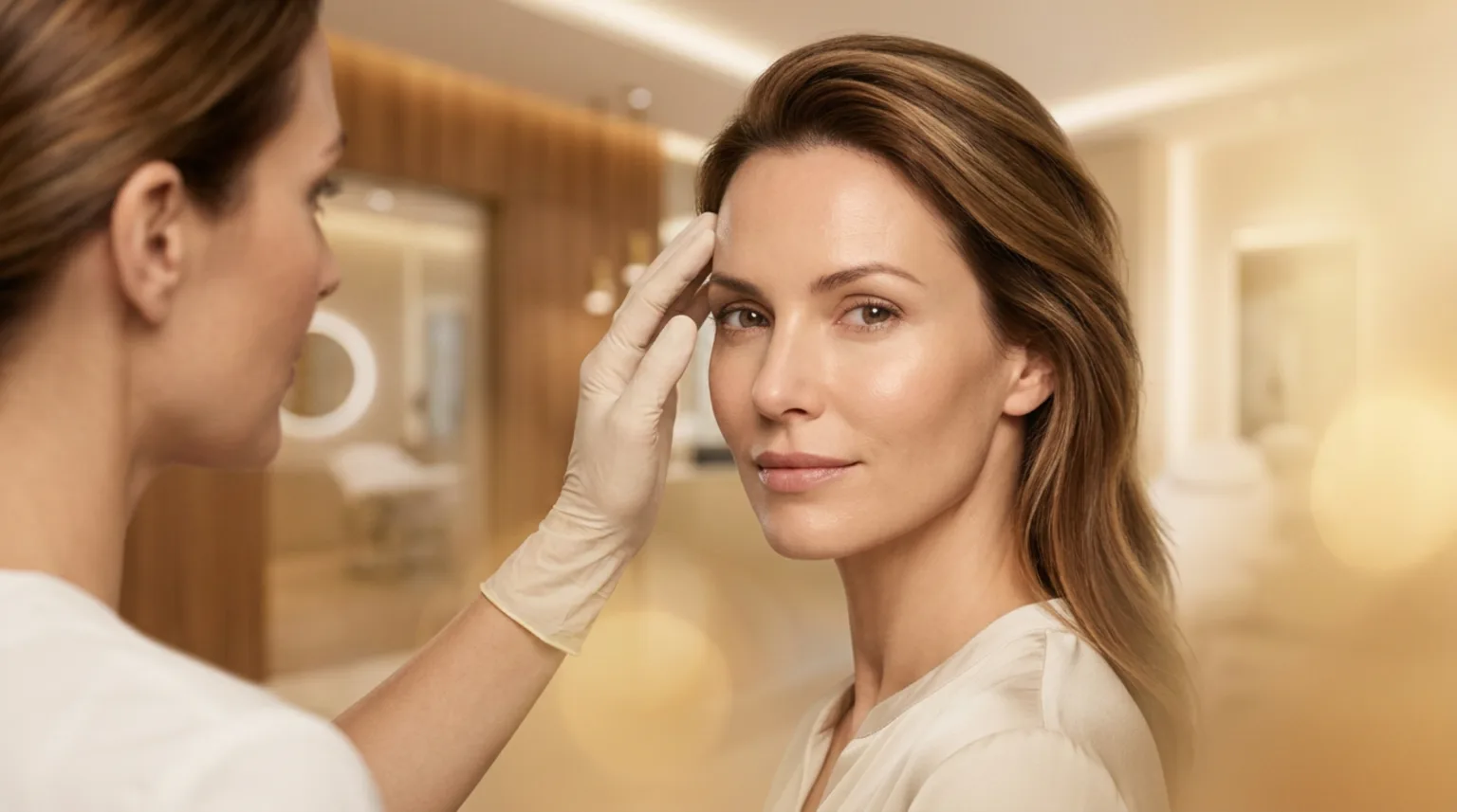 Médica avaliando as linhas de expressão da testa de uma paciente em consulta de botox