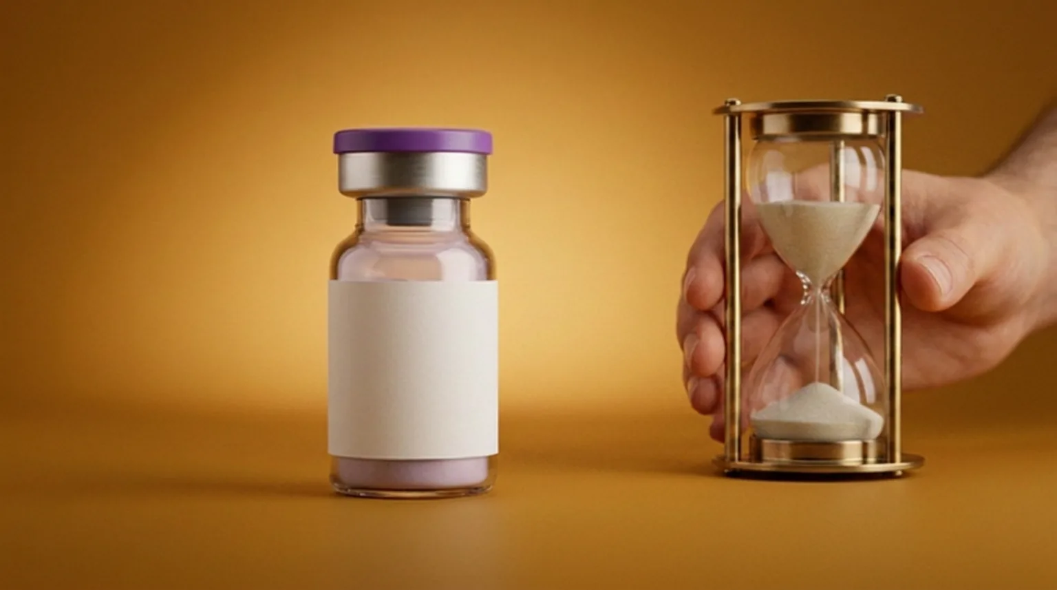 Frasco de toxina botulínica ao lado de ampulheta sendo virada por uma mão, representando que o efeito do botox é temporário