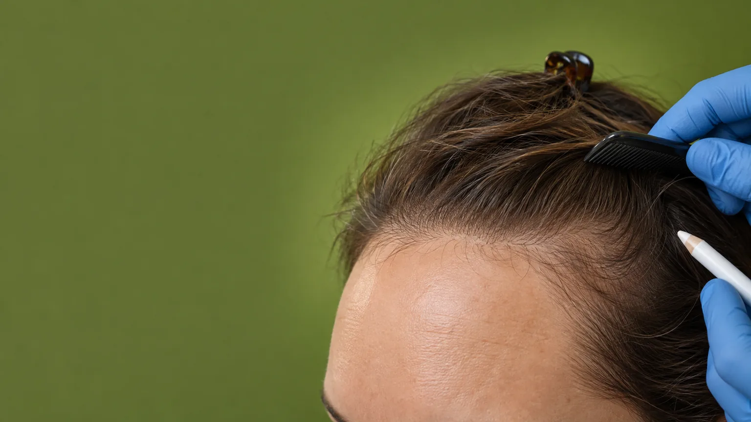 Fotografia ilustrativa da avaliação da linha do cabelo em uma testa naturalmente alta.