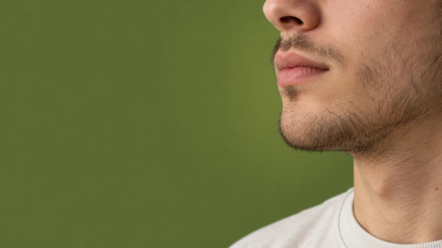 Ilustração de barba em adulto jovem, com fios finos na bochecha e mais densos no queixo.