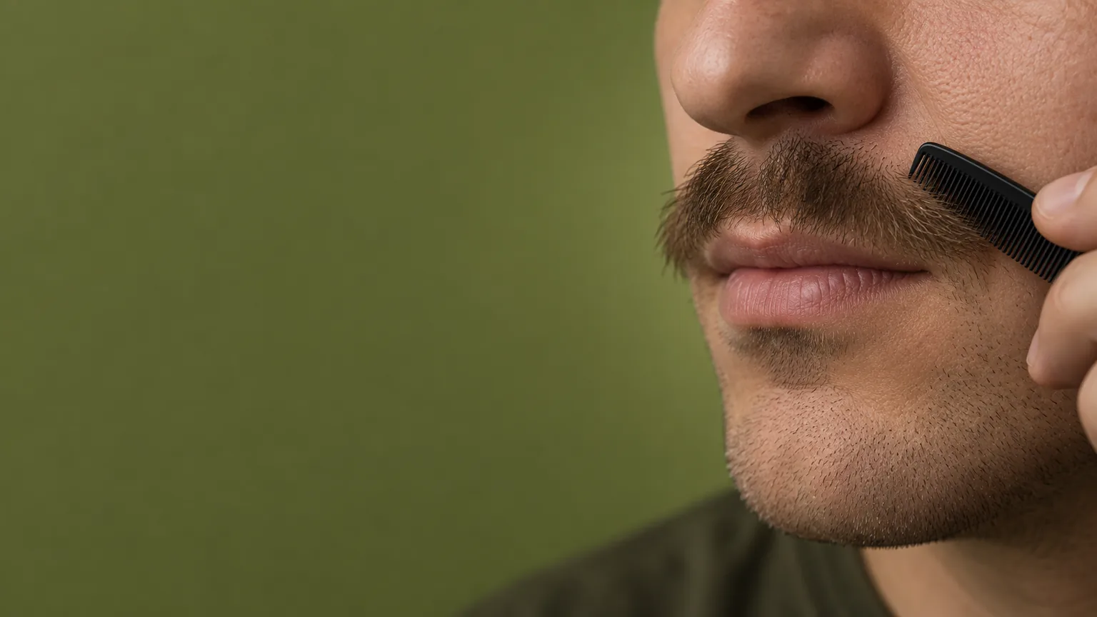 Ilustração de bigode sendo penteado de lado, com foco nos fios e em um pequeno pente preto.