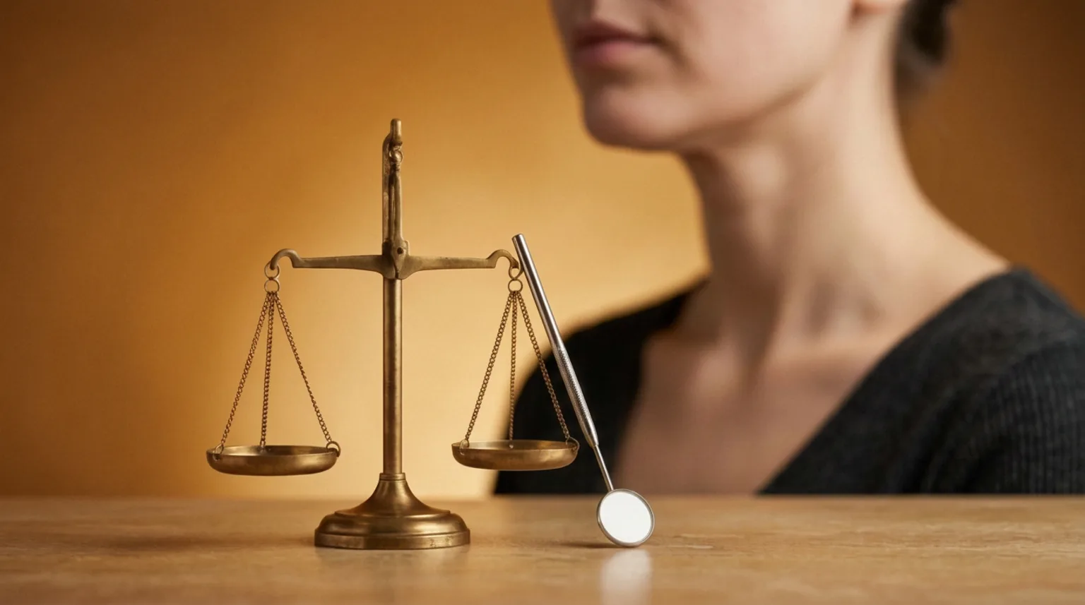 Balança de justiça e um espelho odontológico ao lado do contorno do queixo, fundo dourado