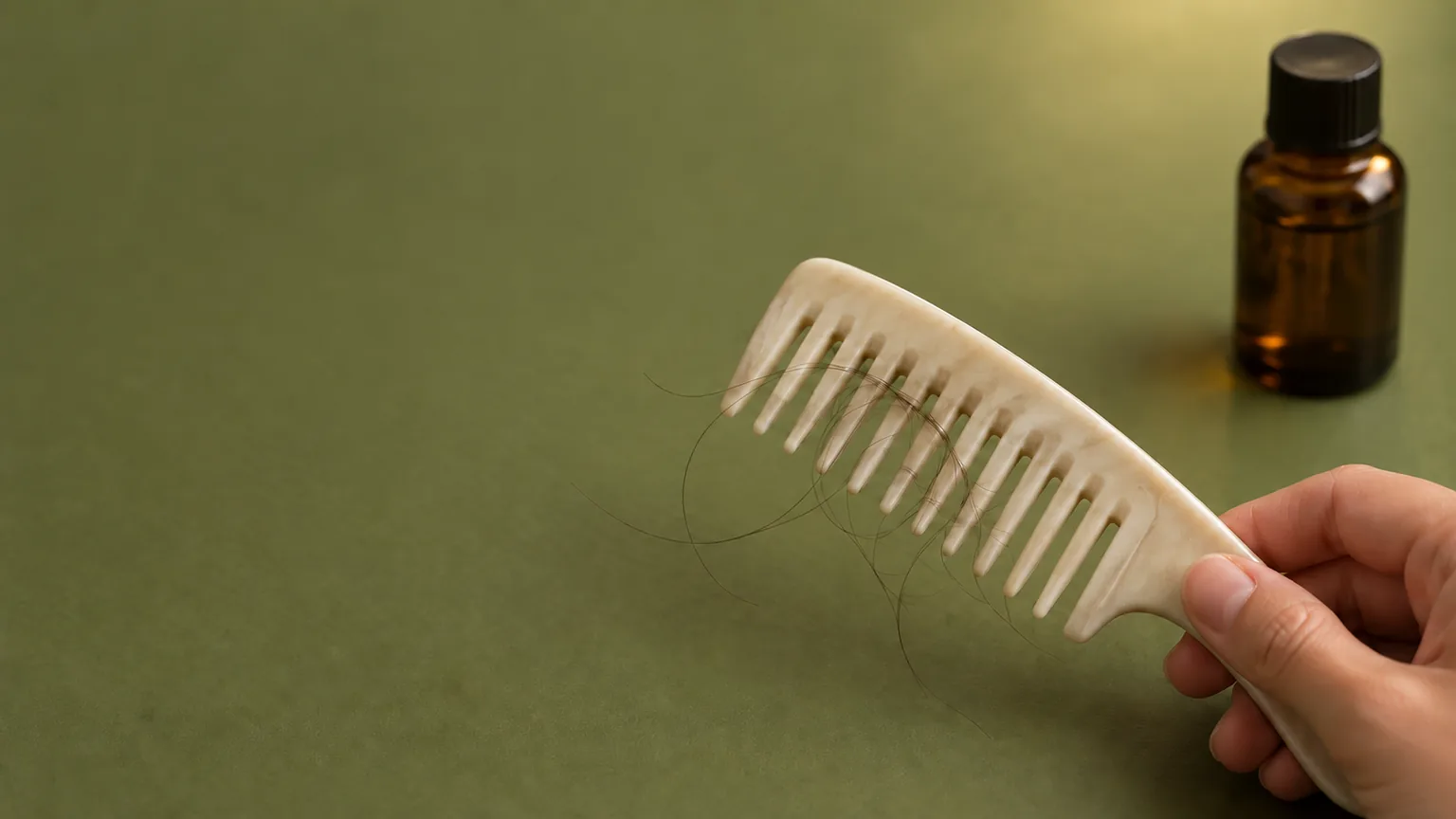 Ilustração de poucos fios soltos em um pente claro, com frasco fechado ao fundo.