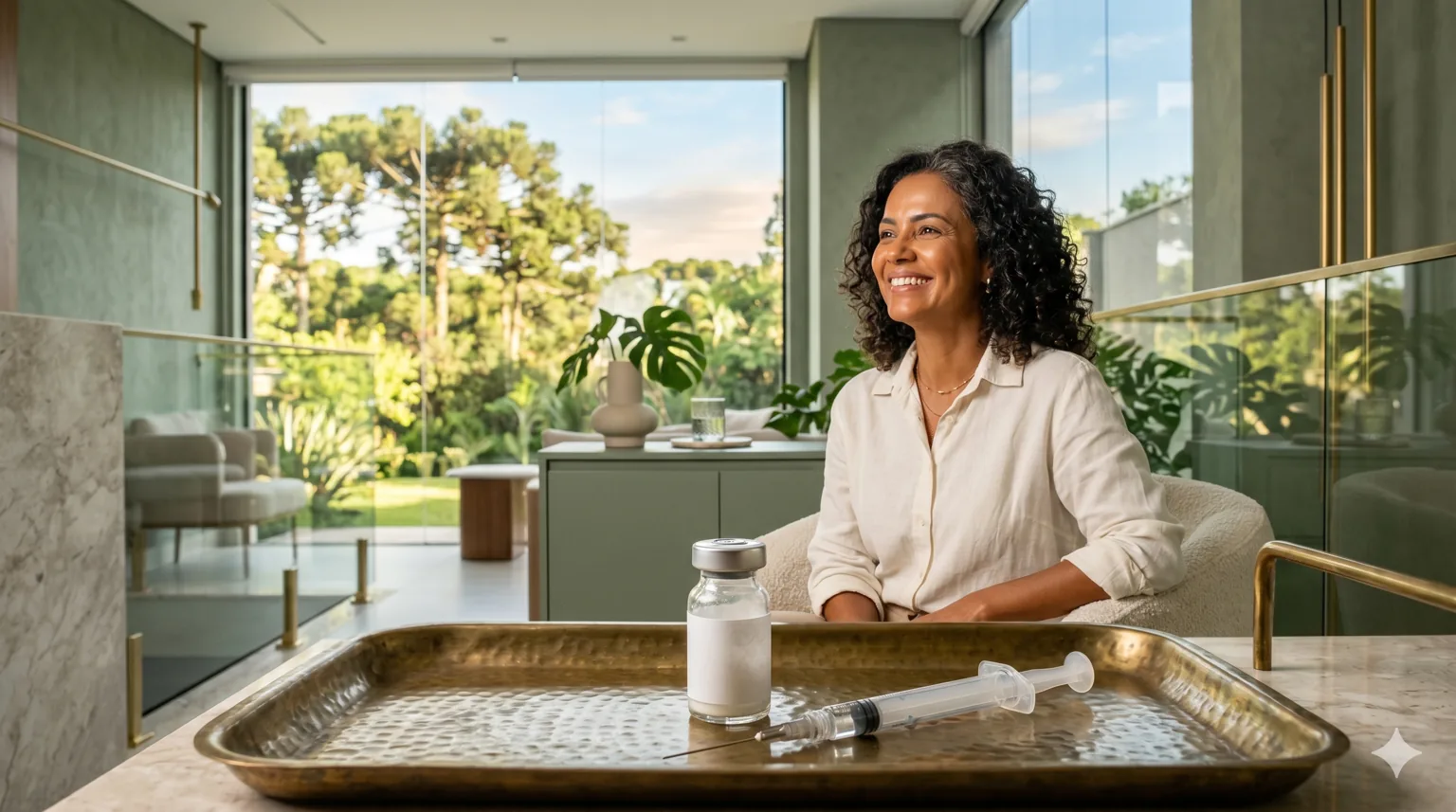 Mulher madura sorrindo com pele saudável em clínica estética premium, frasco de bioestimulador e seringa em primeiro plano e jardim com araucárias ao fundo