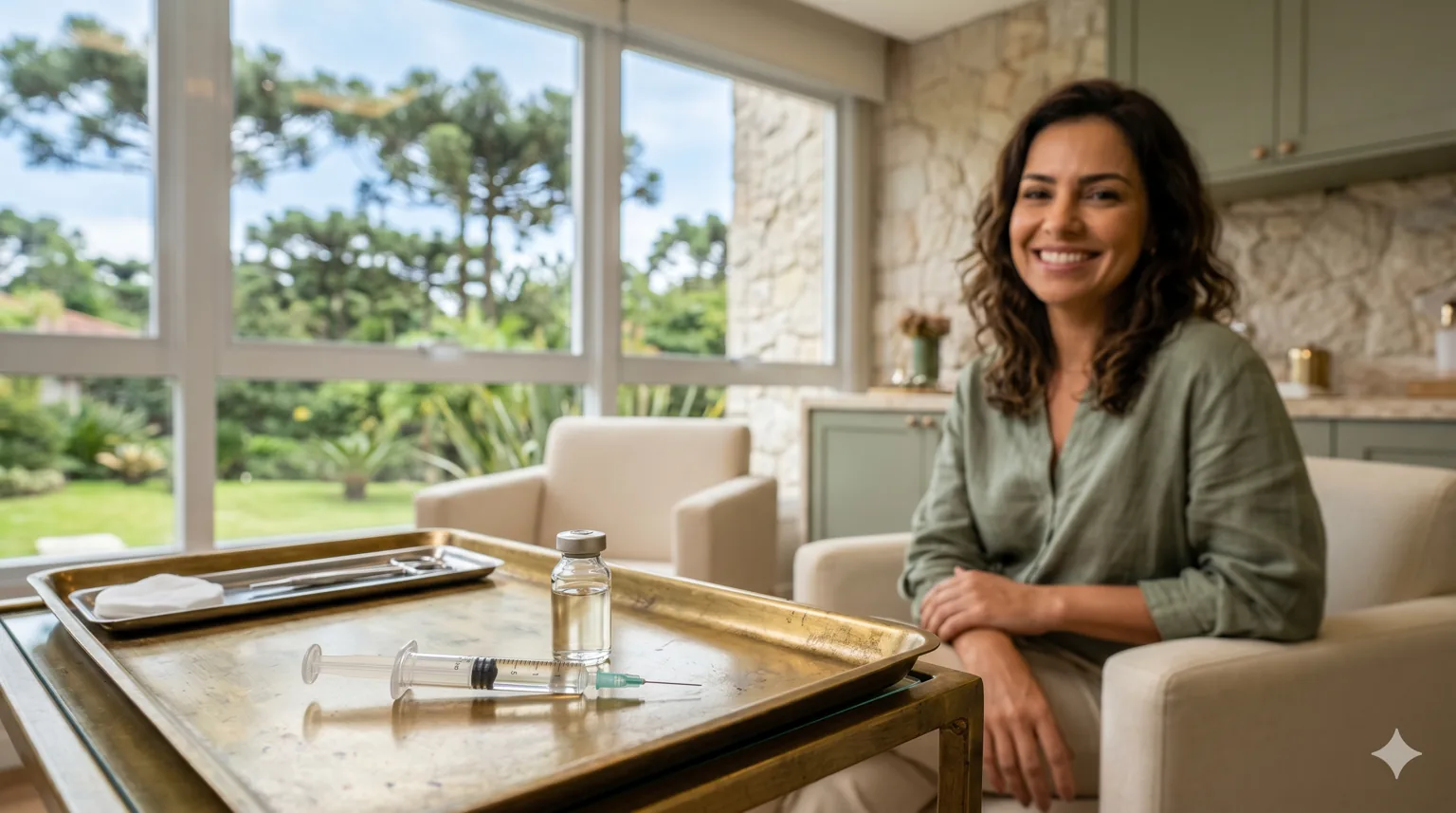 Mulher sorrindo em clínica estética premium, com seringa e frasco em primeiro plano sobre bandeja de latão e jardim com araucárias ao fundo