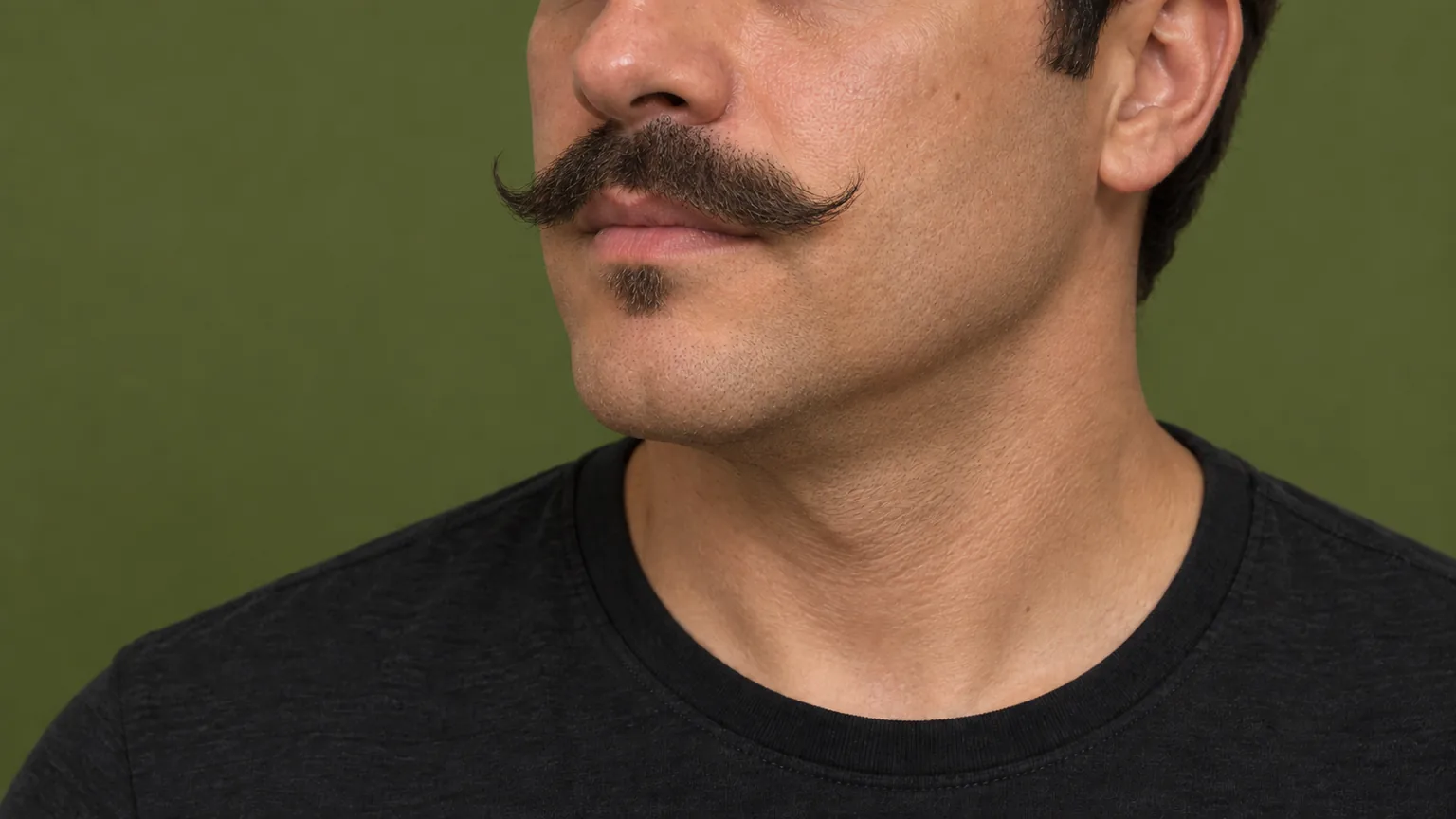 Bigode imperial volumoso de pontas levantadas e pequeno tufo sob o lábio, com queixo barbeado.