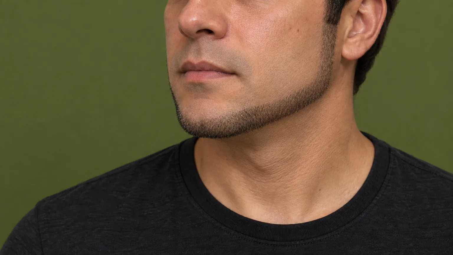 Faixa fina e contínua de barba acompanha a mandíbula entre as costeletas, sem bigode.