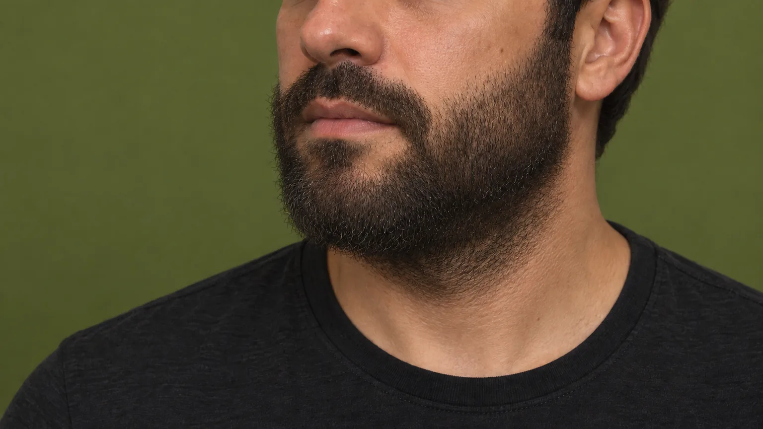 Barba cheia de comprimento médio cobre bochechas, queixo e parte do pescoço, com bigode integrado.