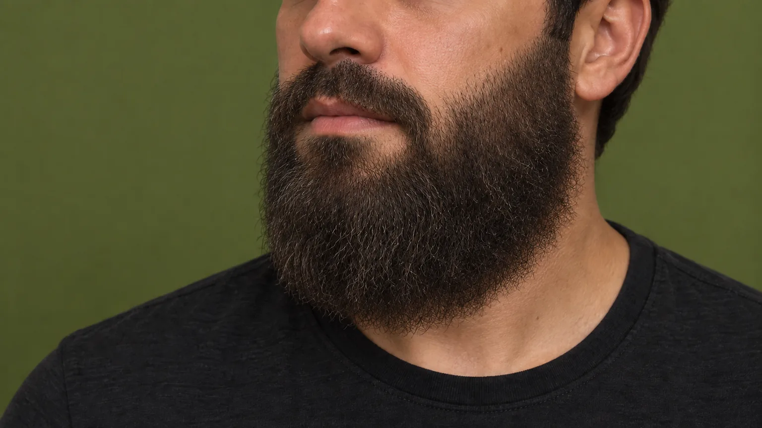 Barba lenhador longa e volumosa cobre o queixo e parte do pescoço, com bigode cheio.