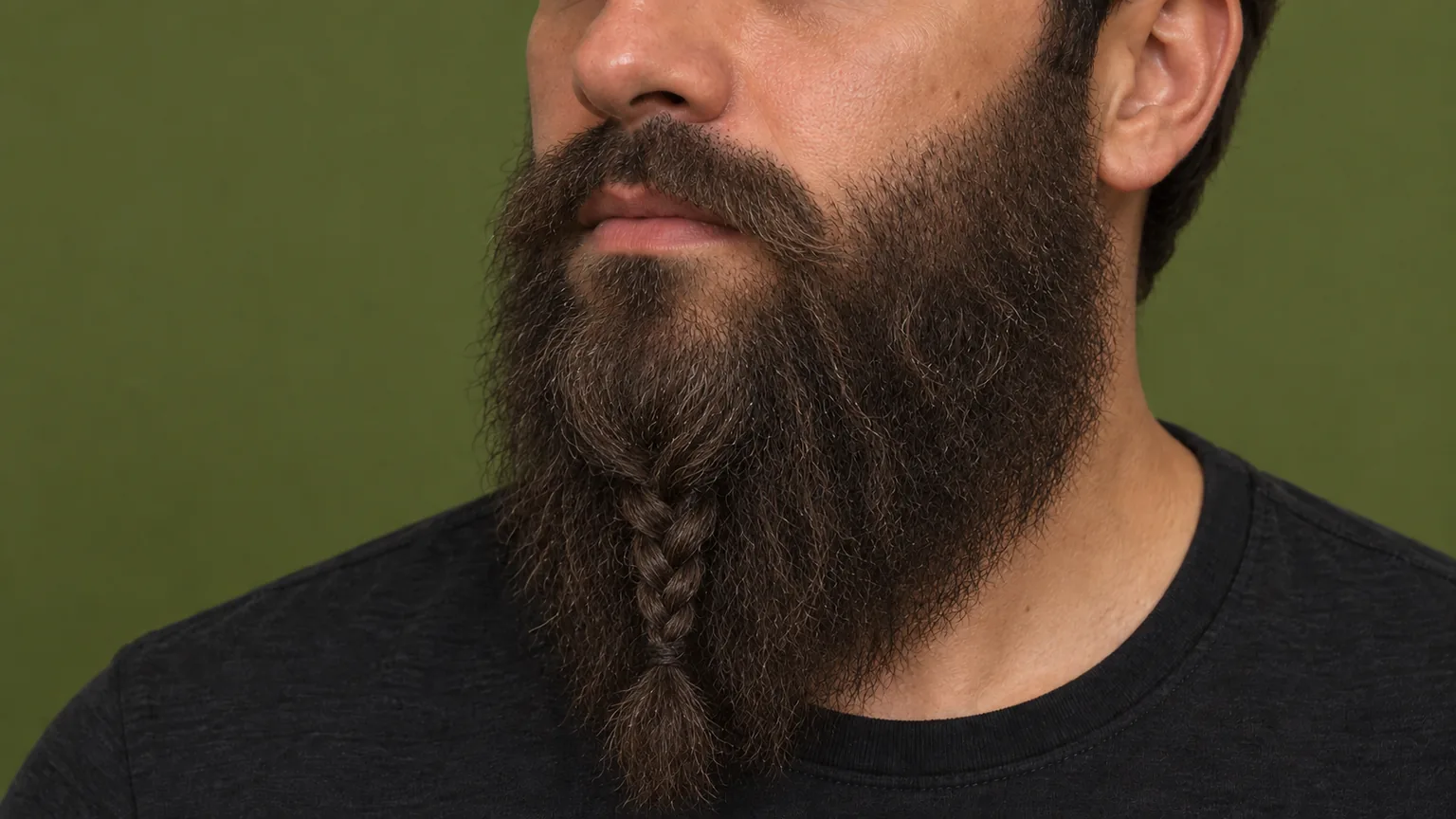 Barba viking muito longa com uma trança central discreta cai sobre a camiseta do modelo.
