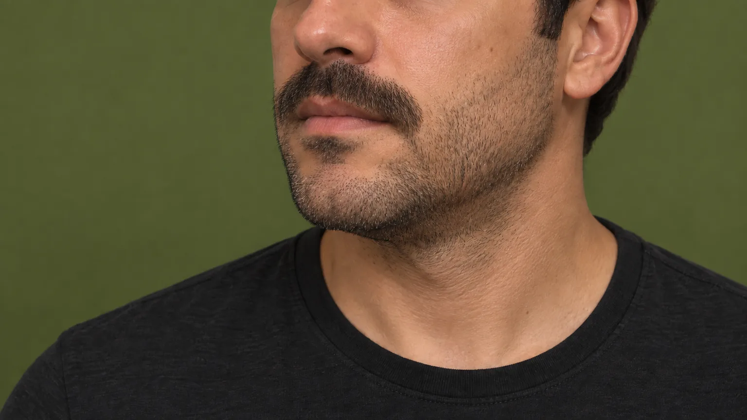 Bigode denso e penteado se destaca sobre uma barba curta que acompanha bochechas e queixo.