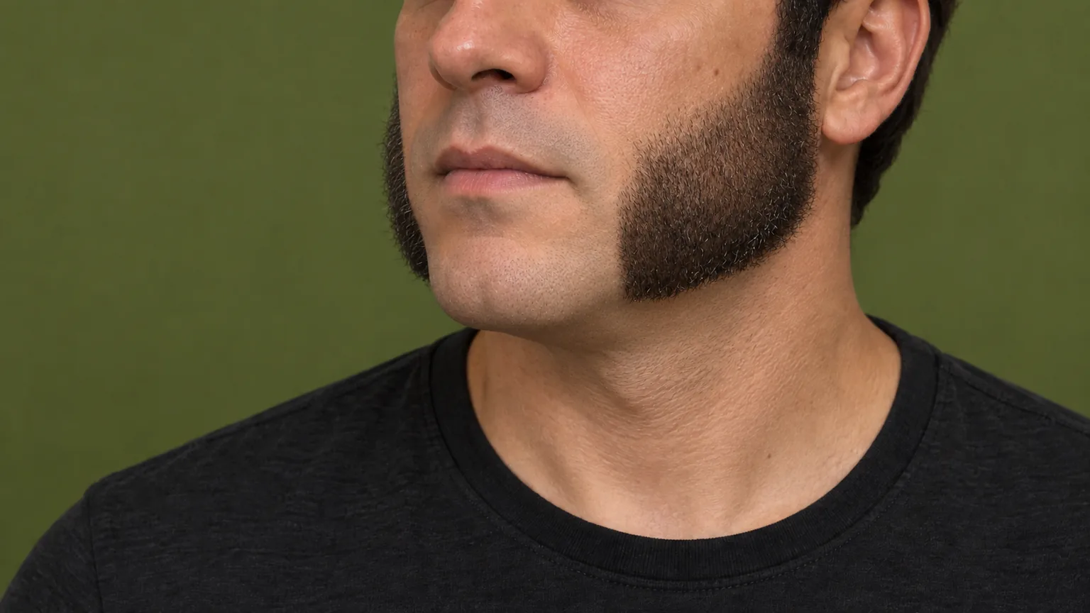 Costeletas largas descem até a mandíbula, mantendo queixo, região da boca e bigode barbeados.