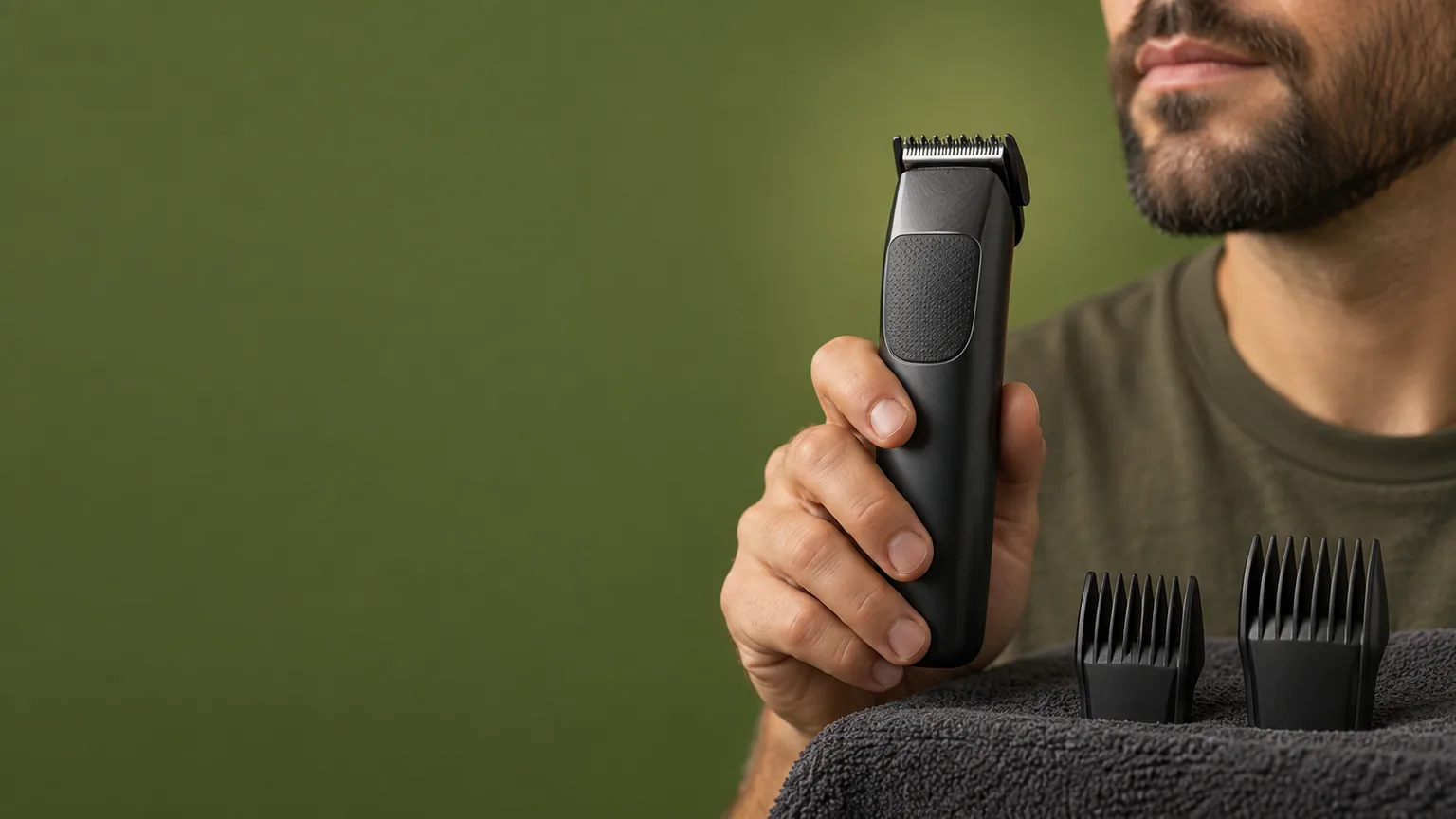 Ilustração de aparador de barba e dois pentes-guia, com barba curta ao fundo.