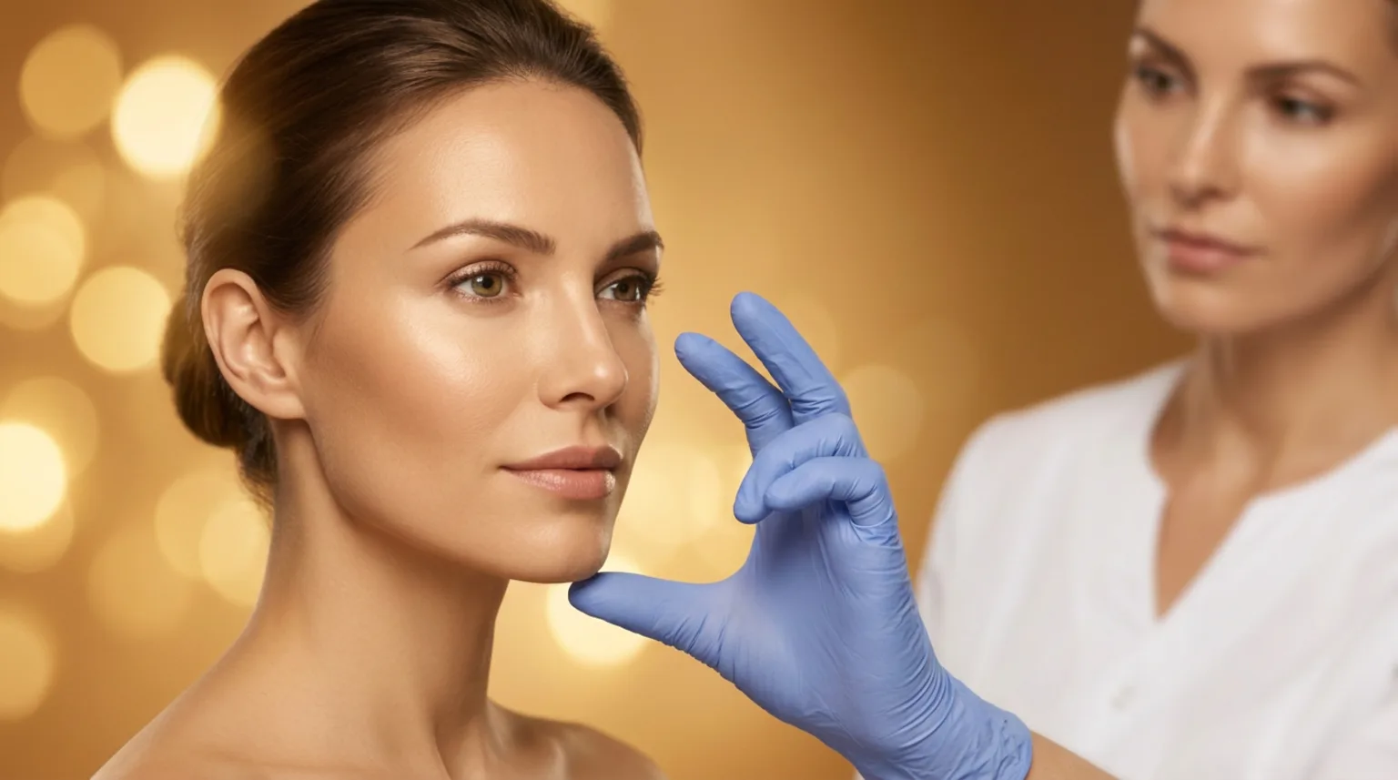 Médica avaliando o contorno facial de uma paciente após harmonização