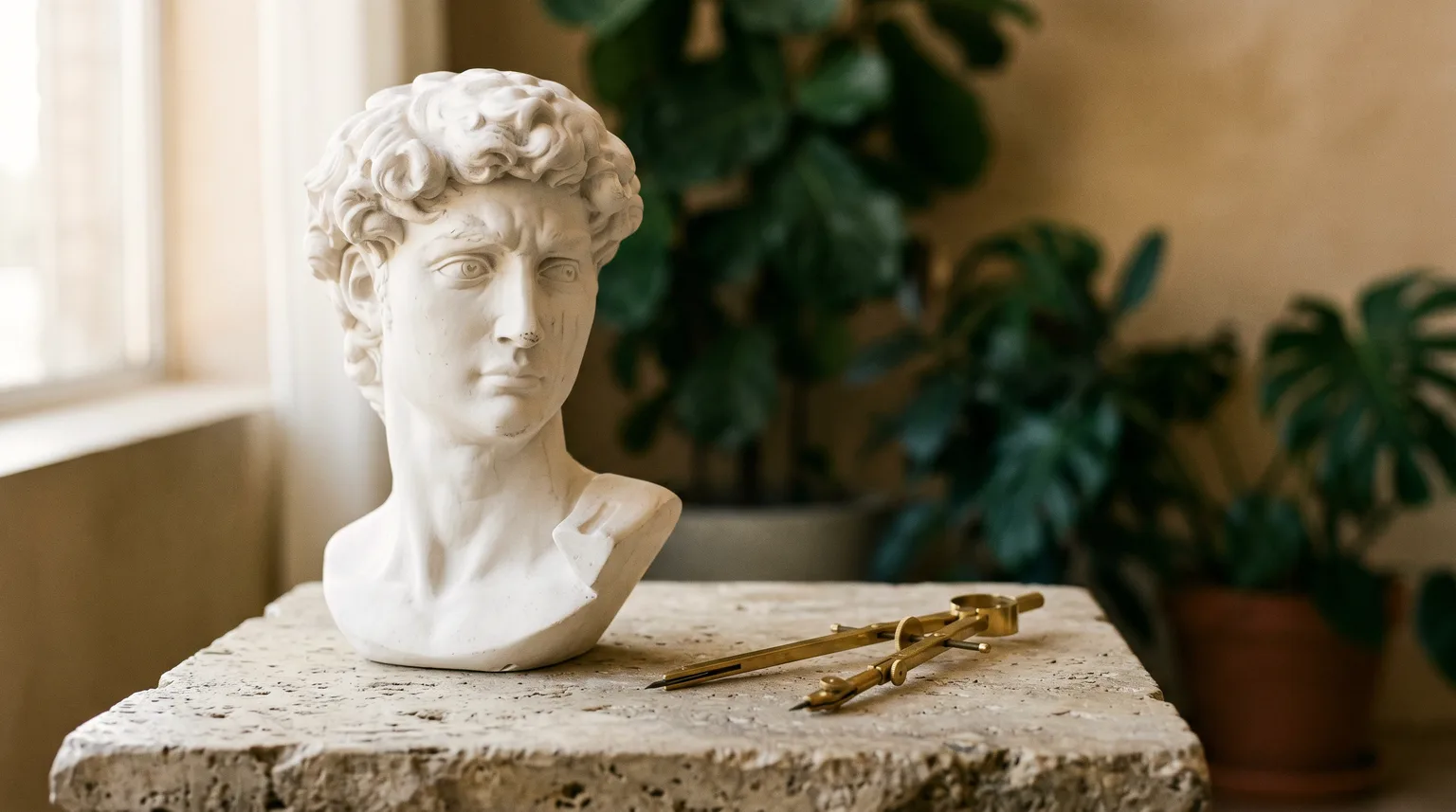 Busto clássico de gesso masculino ao lado de compasso dourado sobre mesa de pedra