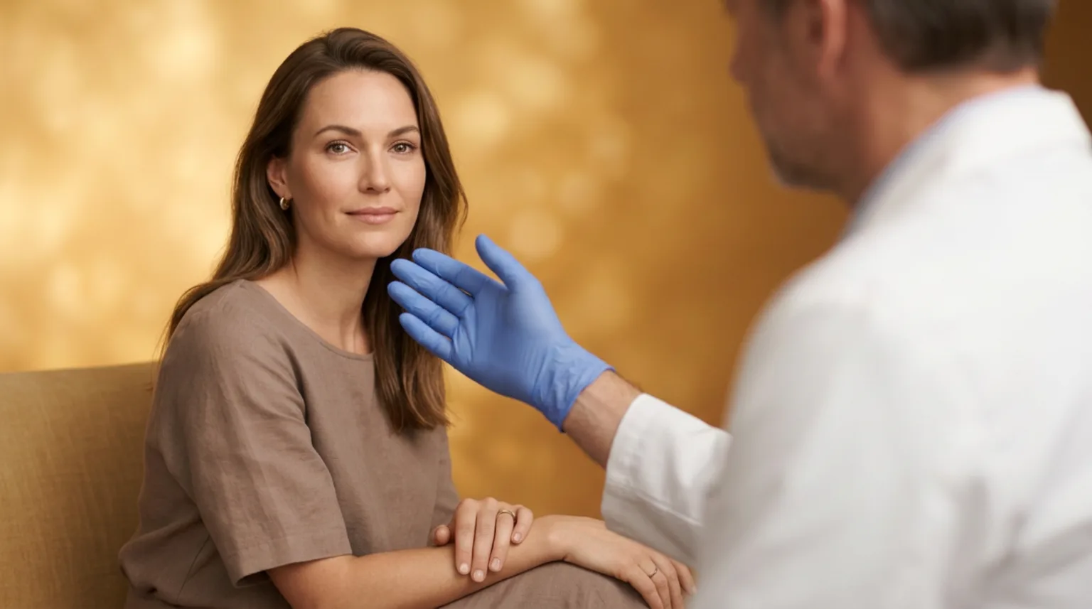 Médico avaliando com atenção o rosto de uma paciente em consulta de harmonização facial