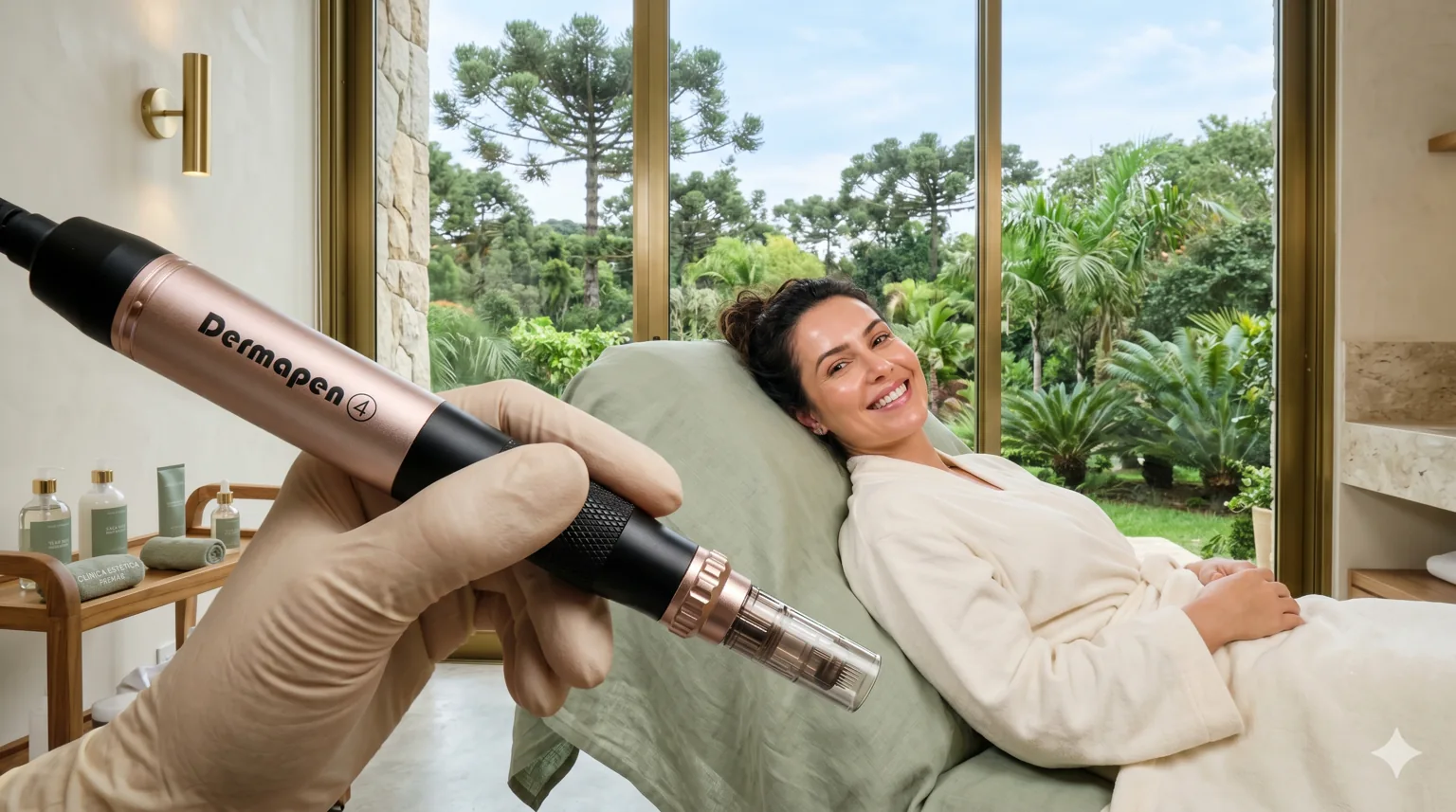 Mulher sorrindo em clínica de estética premium, com caneta de microagulhamento em primeiro plano e jardim com araucárias ao fundo