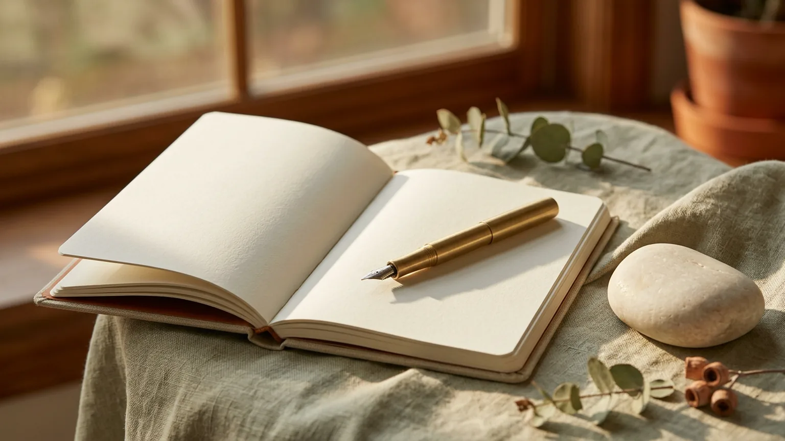 Caderno aberto em branco com caneta tinteiro sobre linho, metafora de avaliacao e criterios
