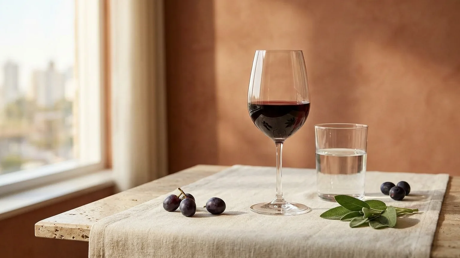 Taca de vinho ao lado de um copo de agua sobre linho, metafora de escolha e moderacao