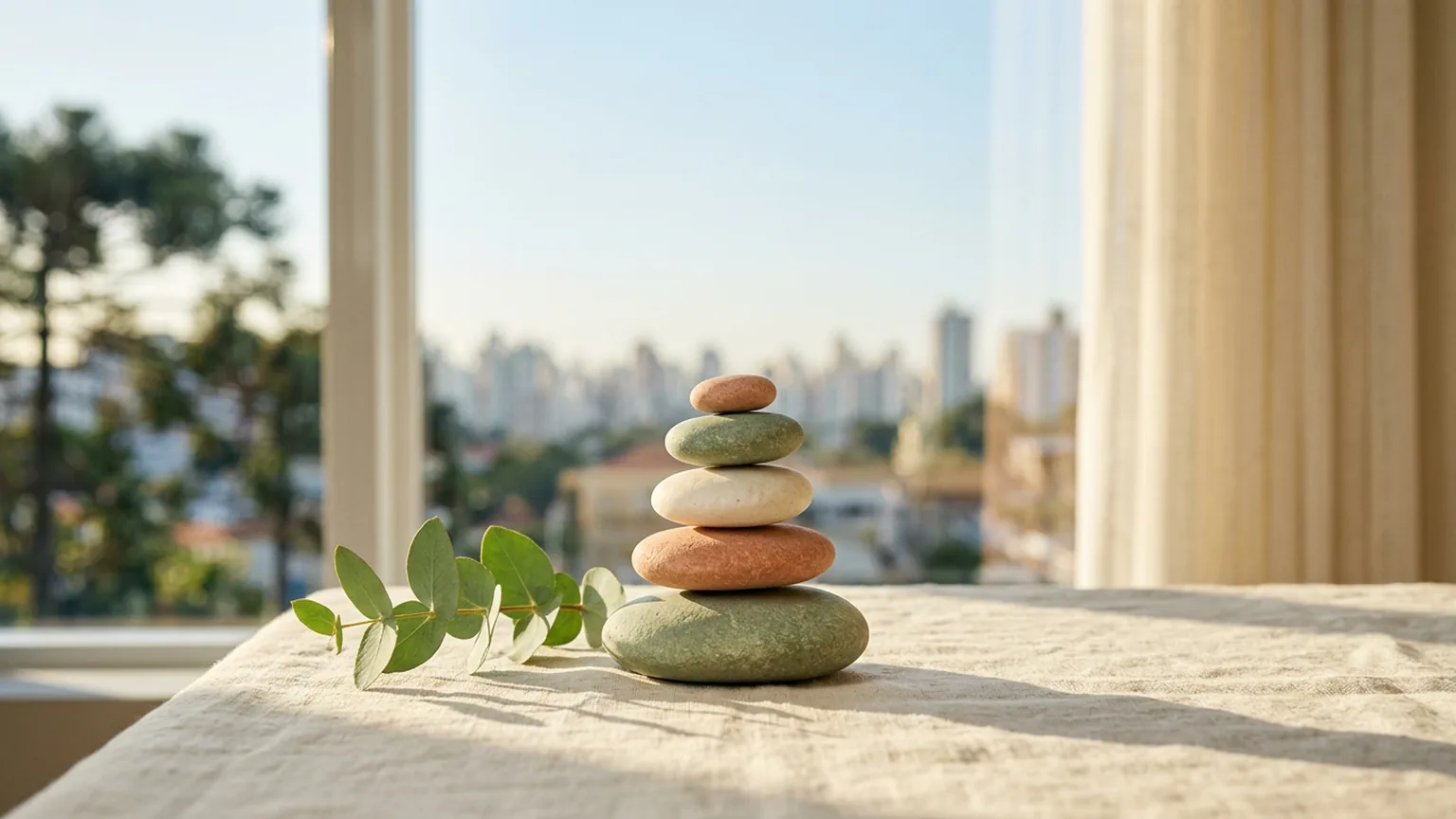Pedras lisas equilibradas em pequena torre sobre linho, metafora de equilibrio mantido ao longo do tempo