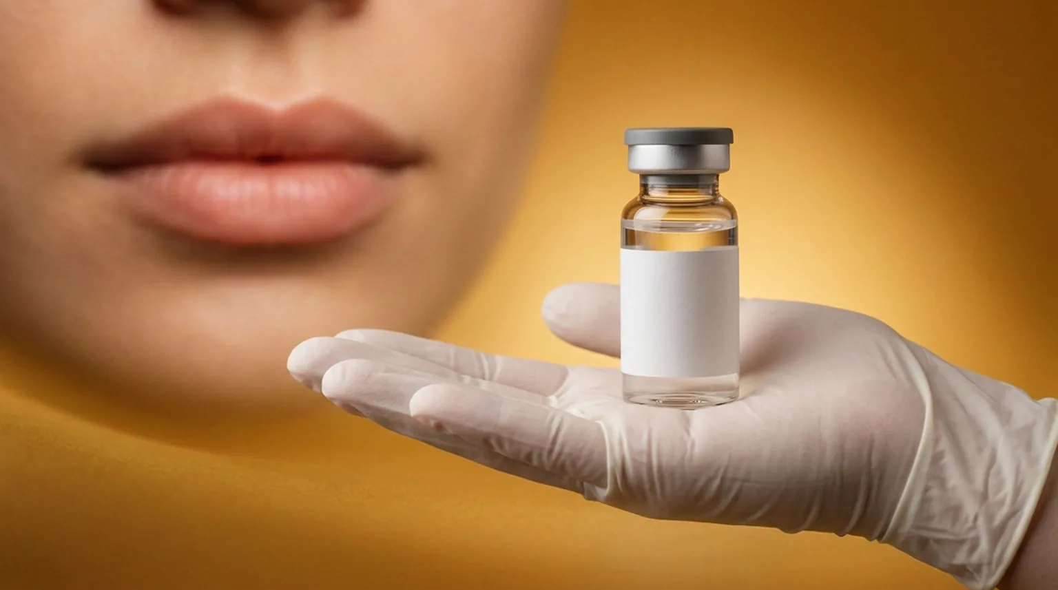 Frasco de hialuronidase oferecido em mão com luva, com lábios saudáveis ao fundo, representando a reversão da necrose labial