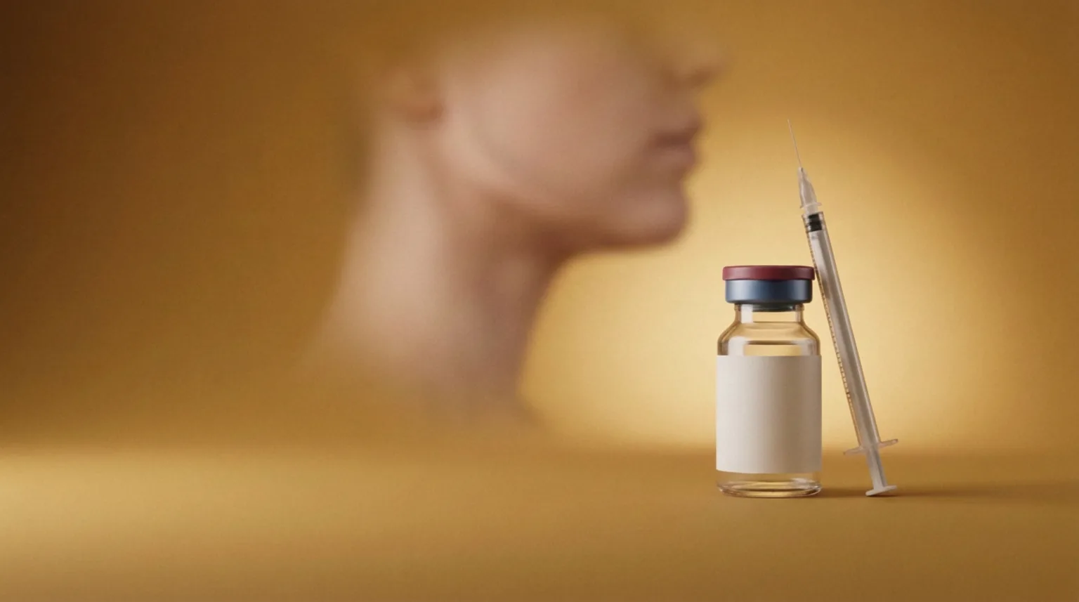 Frasco de toxina botulínica e seringa com o contorno do pescoço ao fundo, fundo dourado