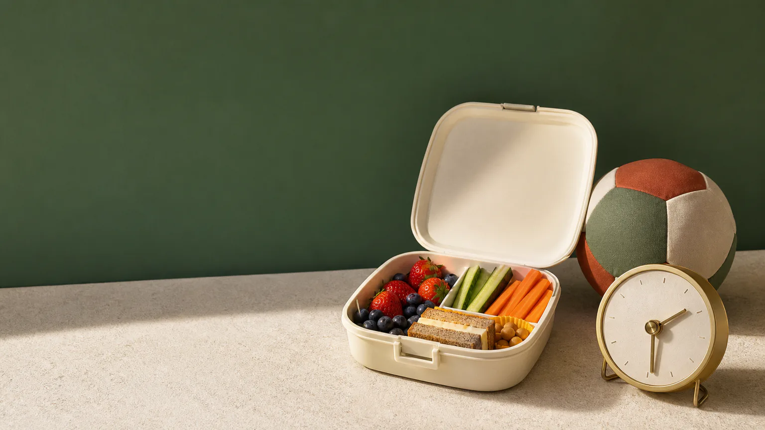 Lancheira infantil com alimentos frescos ao lado de bola e relógio de rotina