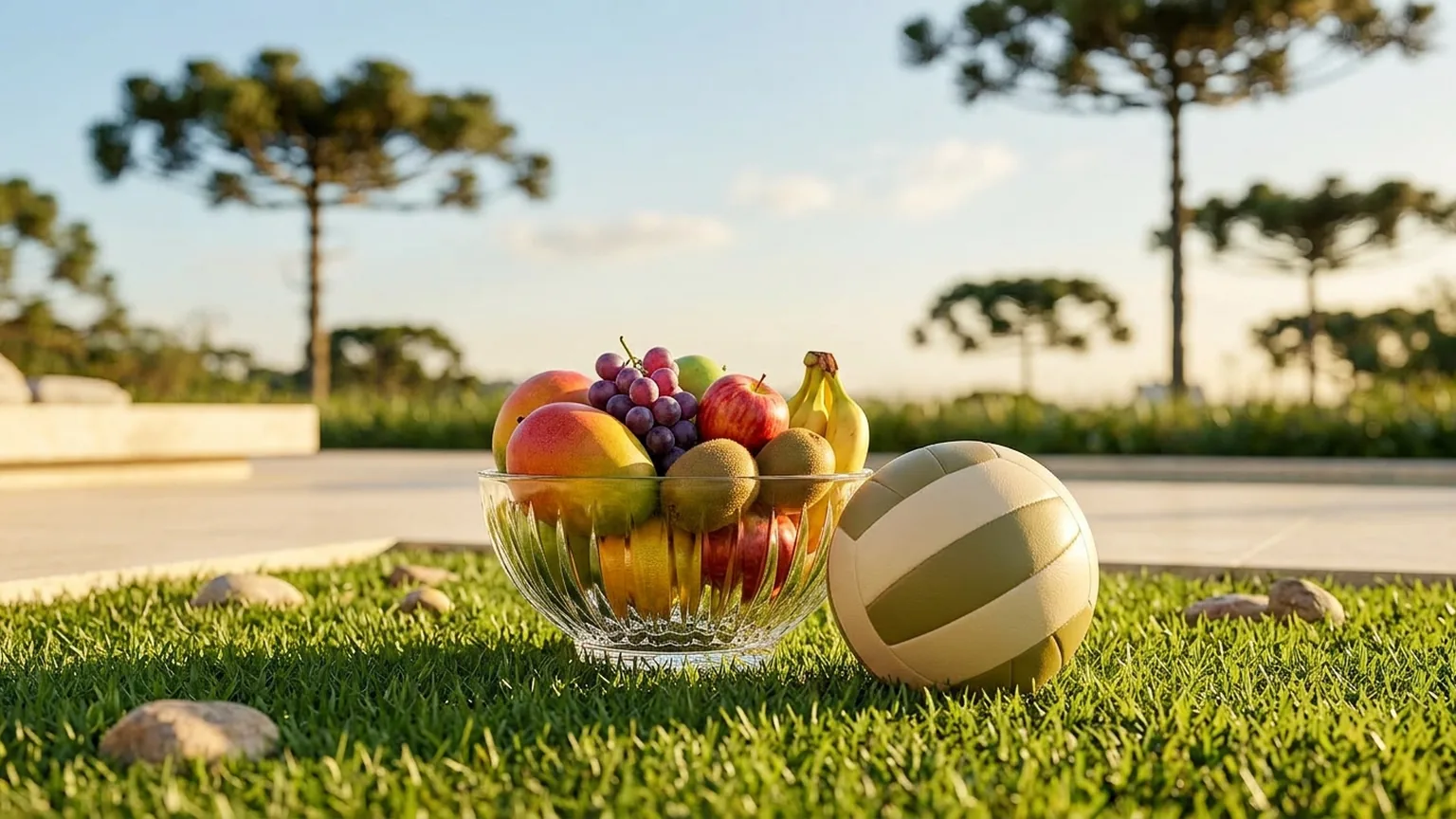 Fruteira de vidro com frutas frescas e uma bola sobre gramado de jardim ensolarado de Curitiba