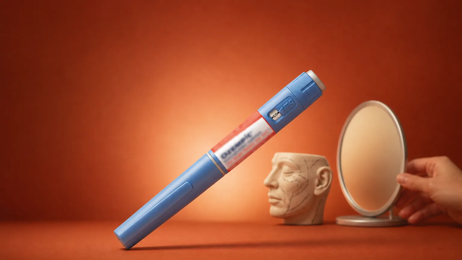 Capa ilustrativa de Ozempic face com caneta fechada e modelo facial, tema Ozempic face.