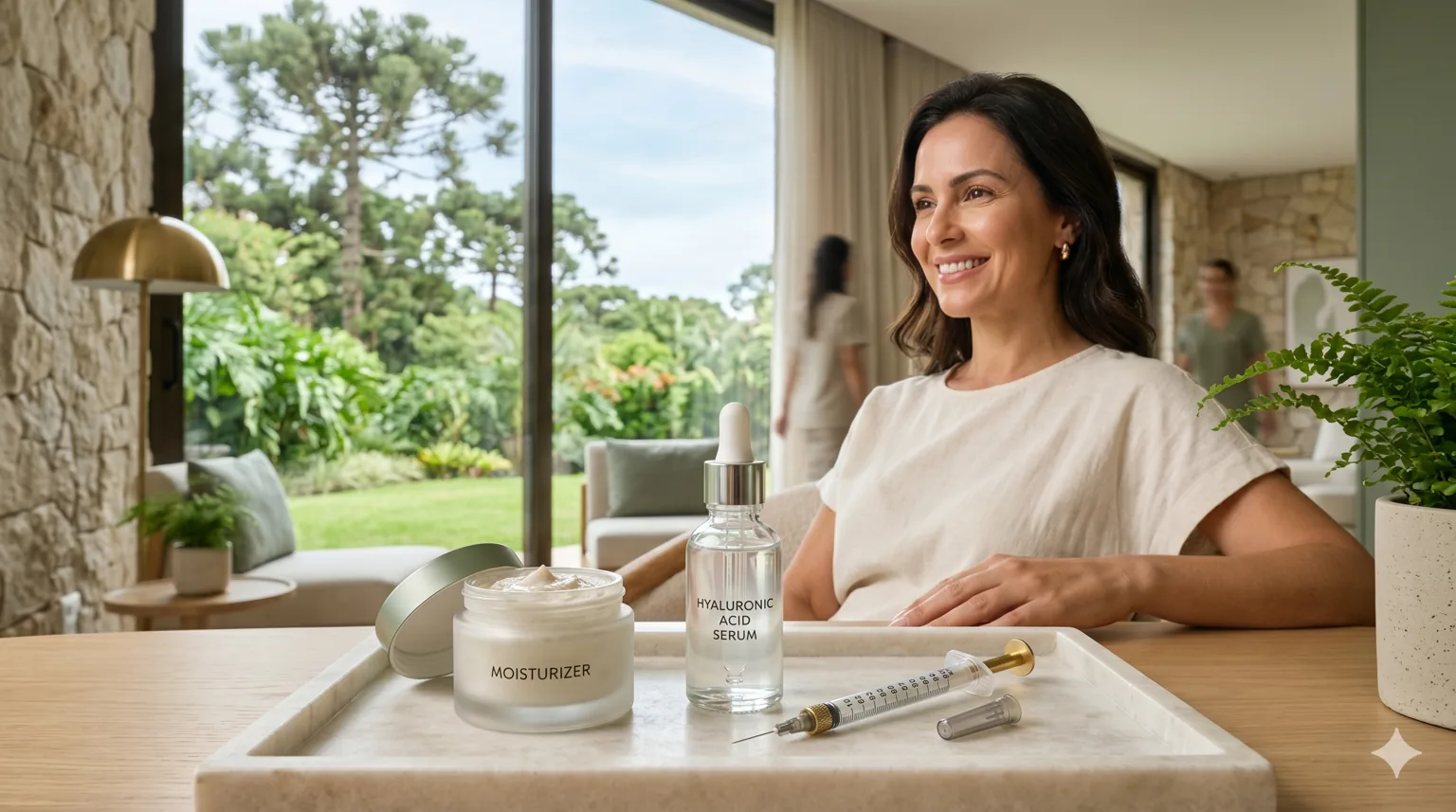 Mulher sorrindo em clínica de estética premium, com sérum, creme e seringa de ácido hialurônico em primeiro plano e jardim ao fundo