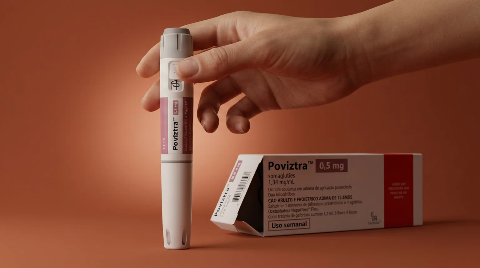 Caneta de Poviztra sendo posicionada em pé por uma mão, com a caixa do medicamento recém-aberta ao fundo