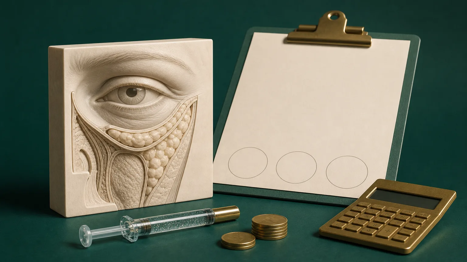 Planejamento do preenchimento de olheiras com modelo anatômico, ficha, calculadora e moedas