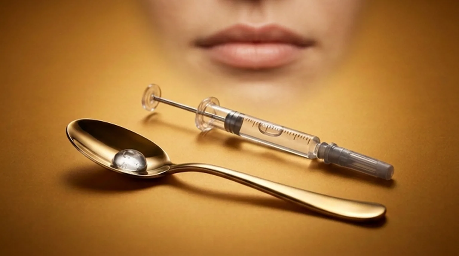 Seringa de 1 ml de preenchimento labial ao lado de colher de chá mostrando a medida real, com lábios naturais ao fundo
