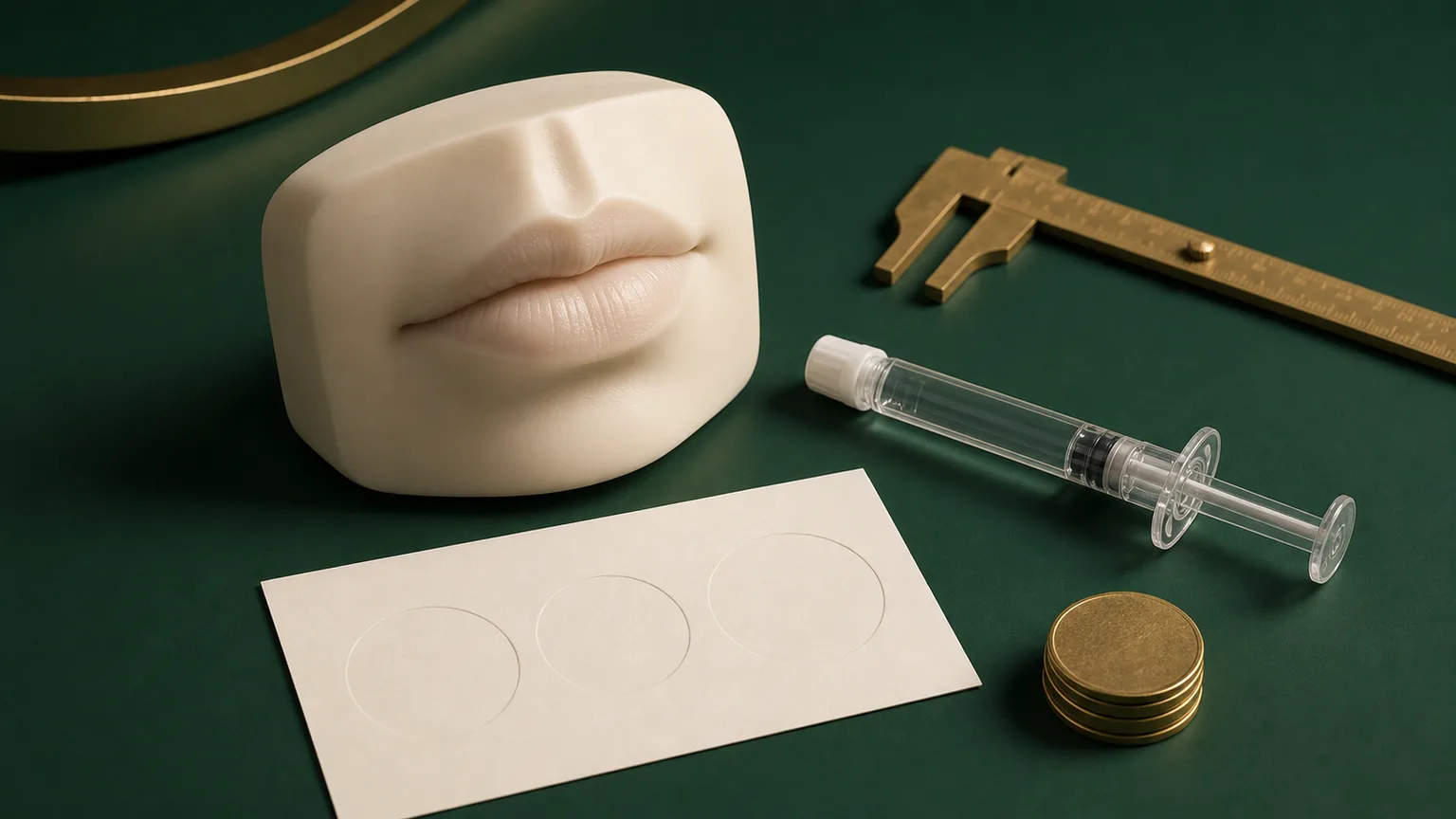 Planejamento do preenchimento labial com modelo didático, seringa fechada, medidor e moedas