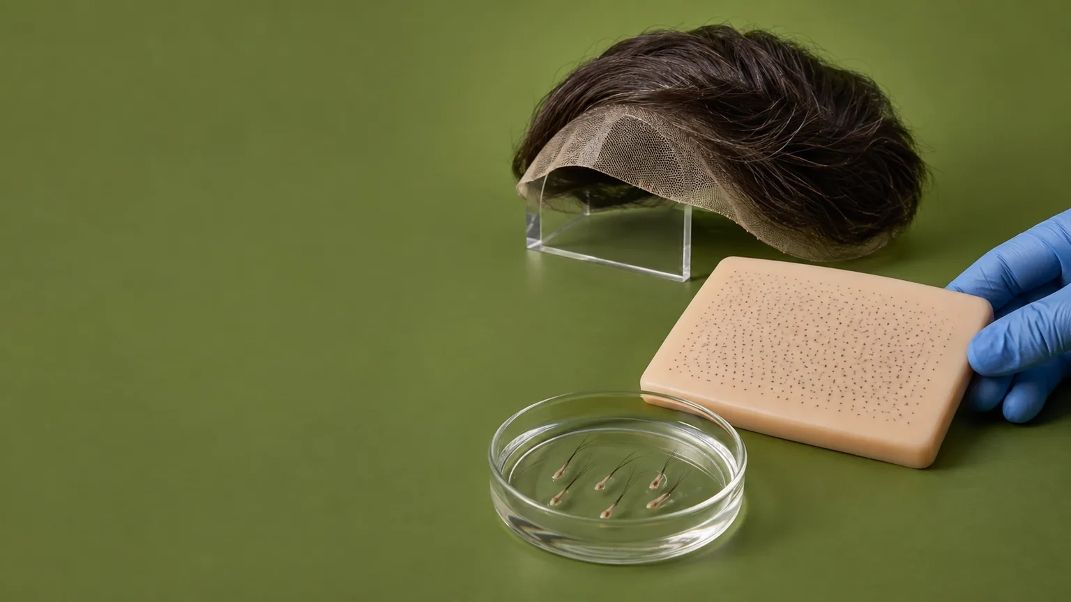 Ilustração fotográfica de prótese, pontos de micropigmentação em molde e fios para transplante capilar.