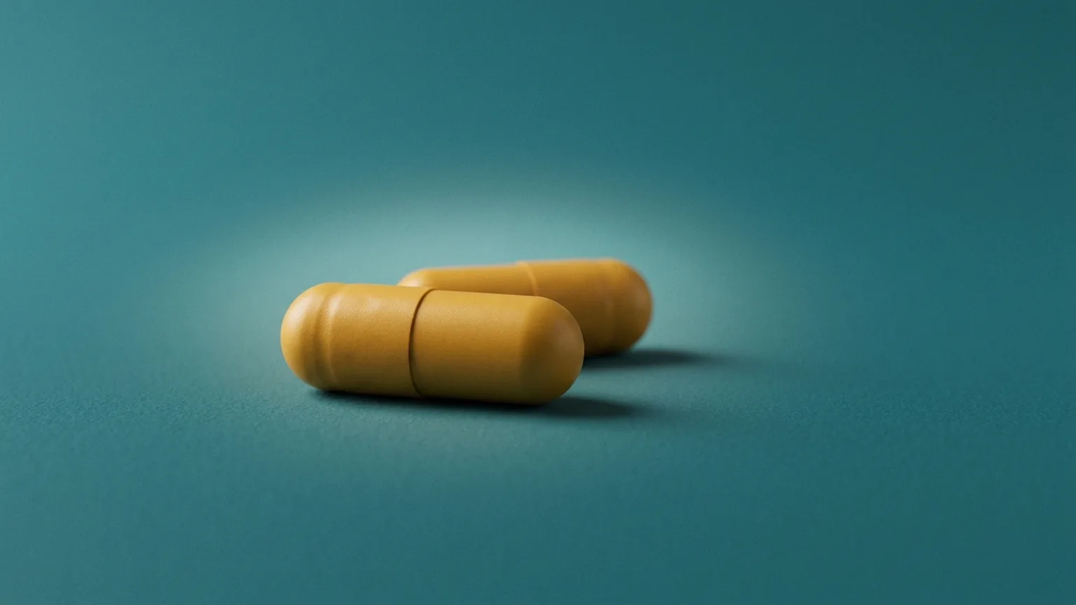 Cápsula representando quercetina sobre fundo teal homogeneo, terapia injetavel de nutrientes