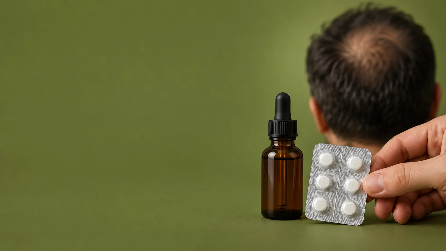 Fotografia ilustrativa de medicamentos e cabelo ao fundo para explicar o remédio após transplante capilar.