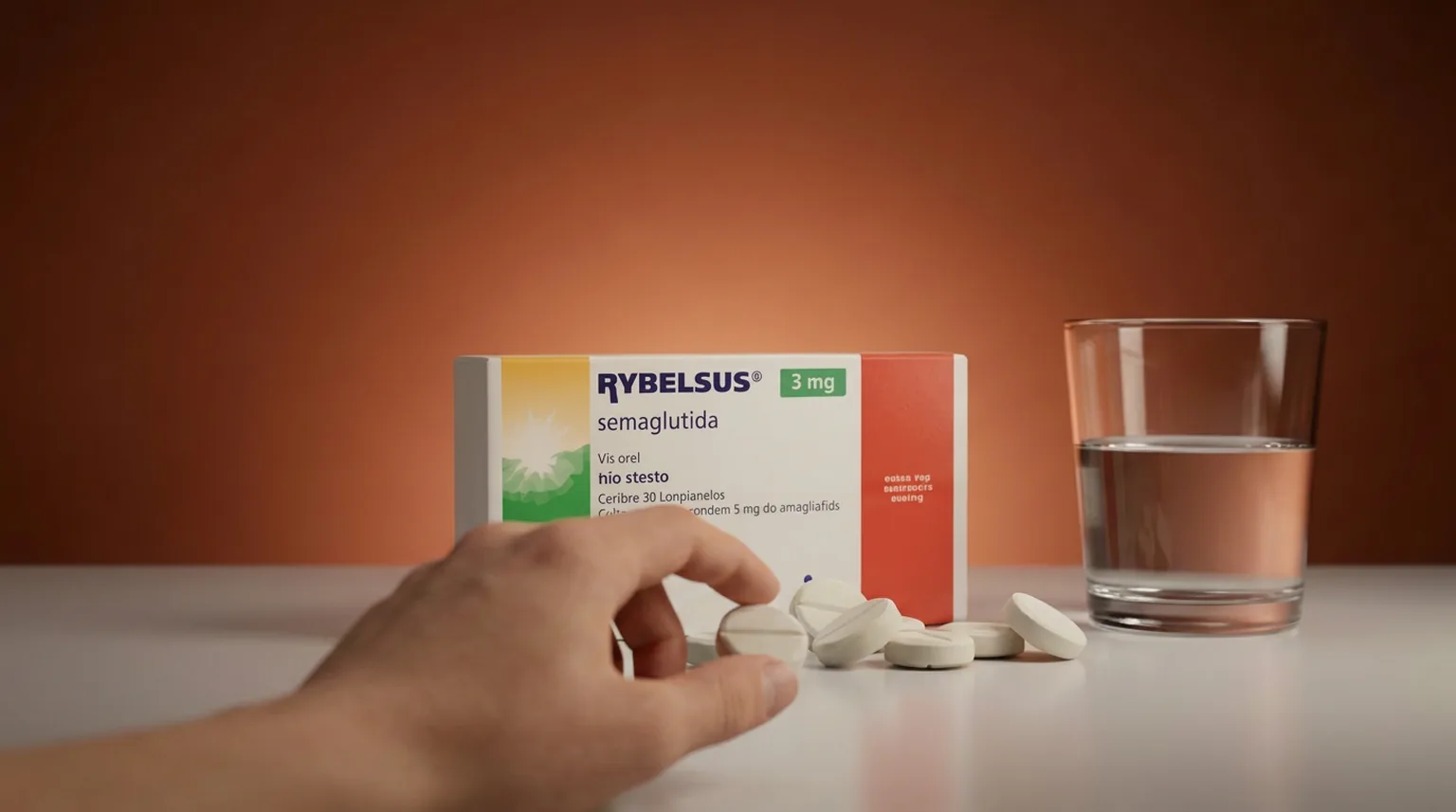 Caixa de Rybelsus com tabletes soltos e copo de água, com mão pegando o comprimido da dose diária
