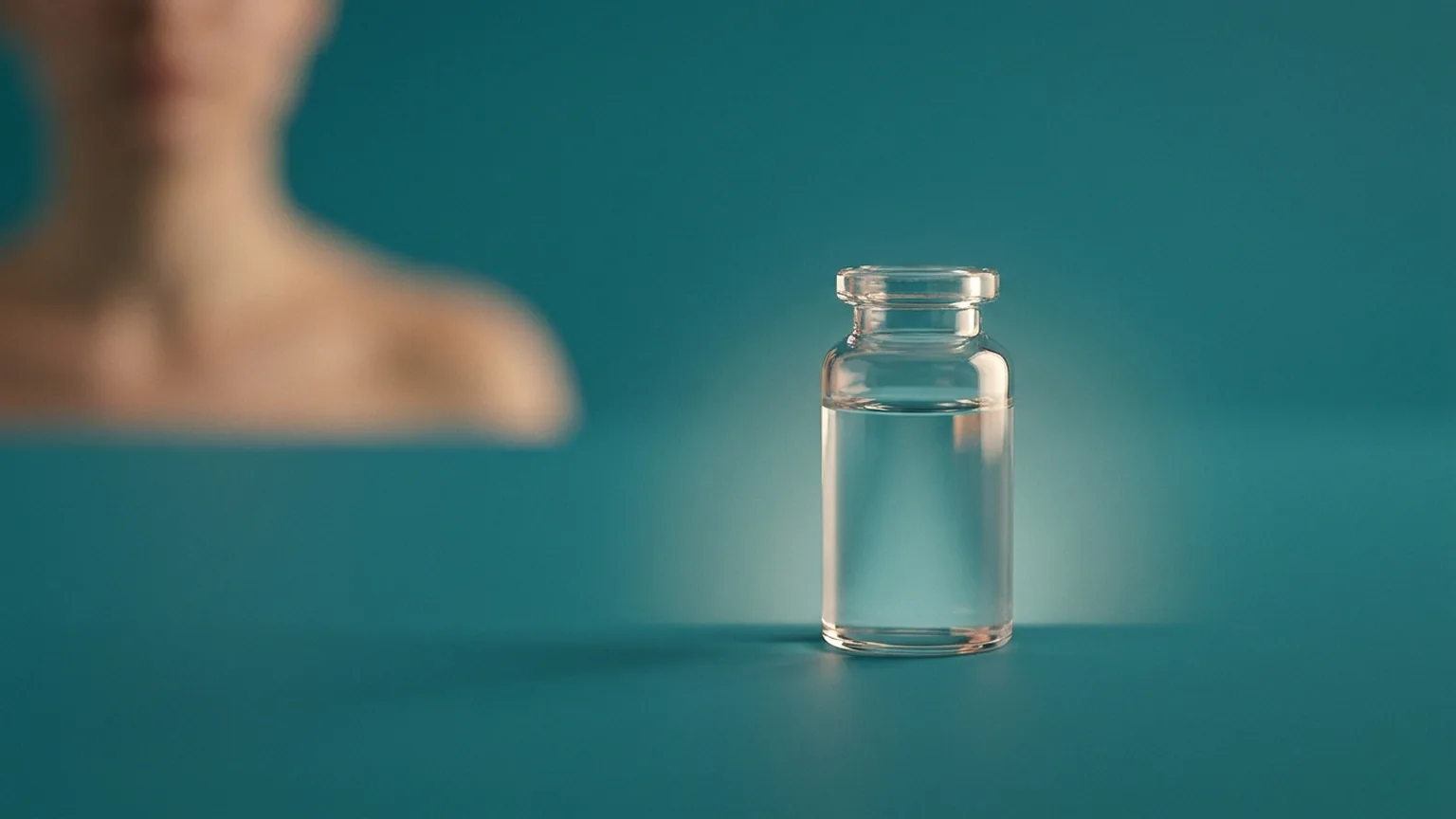 Frasco representando silício orgânico sobre fundo teal homogeneo, terapia injetavel de nutrientes