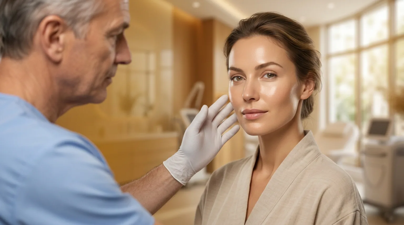 Médico avaliando a qualidade e a hidratação da pele de uma paciente em consulta de skinbooster
