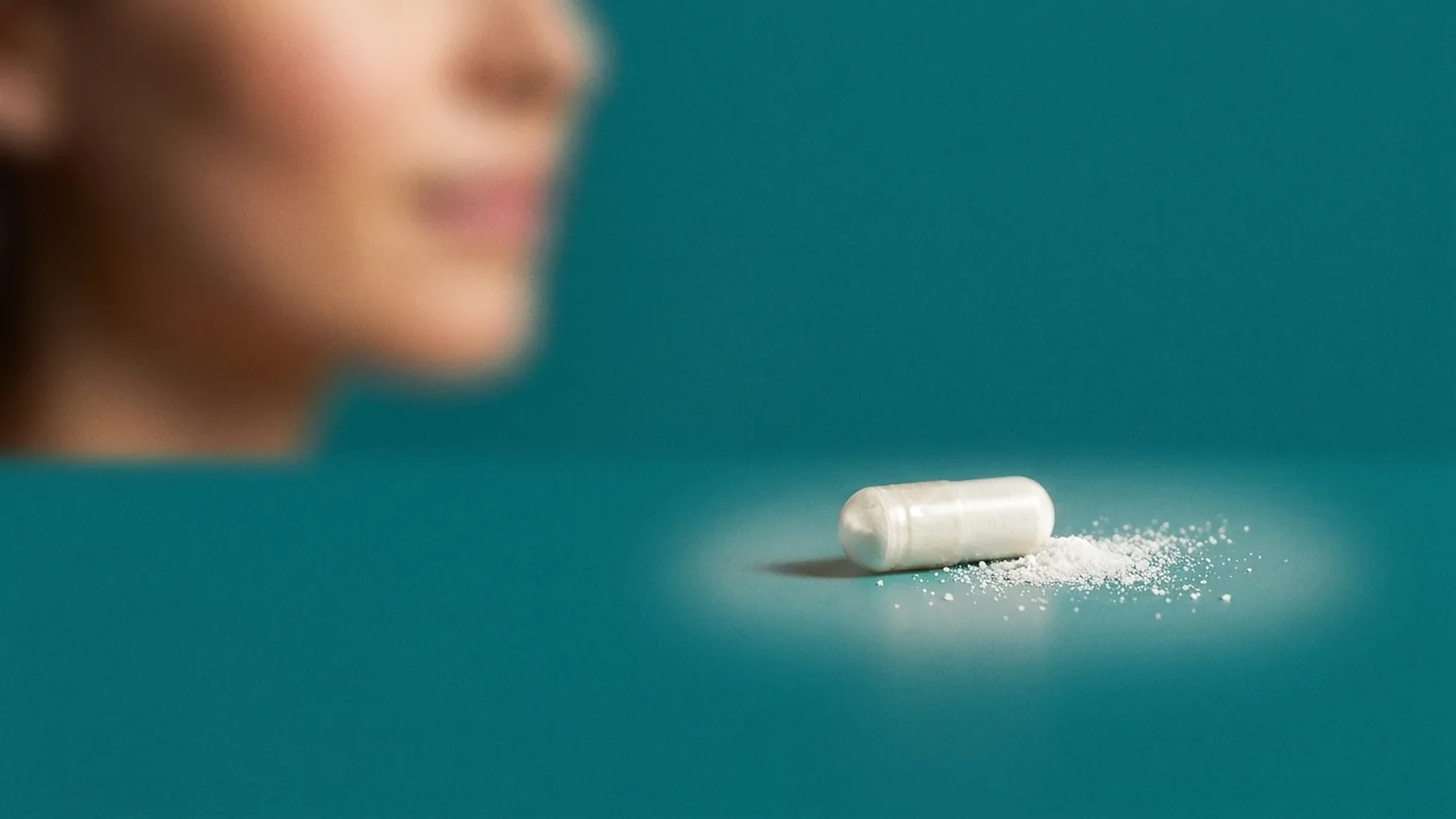 Cápsula representando taurina sobre fundo teal homogeneo, terapia injetavel de nutrientes